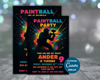 Paintball Birthday Invitation Boy EDITABLE Paintball Party Invite Template Paint Platters Teen Tween Paintballer Instant Download