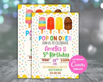 EDITABLE Popsicle Fifth Birthday Invitation Template, Pop on Over Birthday Invitation, Ice Cream 5th Birthday Invite, Girl Birthday Party