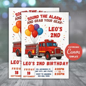 Fire Truck Birthday Invitation for Kids | Editable Digital Download | Printable Firefighter Party Invite | Sound the Alarm Theme Card