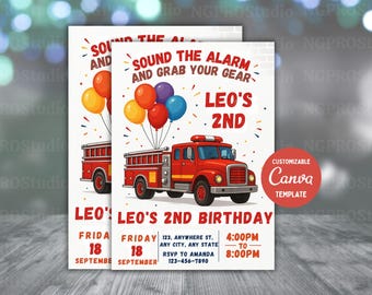Fire Truck Birthday Invitation for Kids | Editable Digital Download | Printable Firefighter Party Invite | Sound the Alarm Theme Card