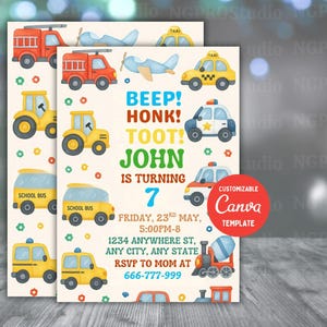 Editable Transportation Birthday Party Invitation, Truck, Train, Cars Invite, Kids Birthday Invitation, Cars Party Invite, Digital Download