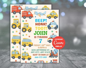Editable Transportation Birthday Party Invitation, Truck, Train, Cars Invite, Kids Birthday Invitation, Cars Party Invite, Digital Download