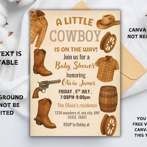 Editable Cowboy Baby Shower Invitation Set. A Little Cowboy Baby Shower Invite Pack. Wild West Western Boy Blue Outdoors Rodeo Country.