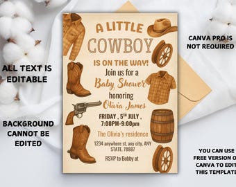Editable Cowboy Baby Shower Invitation Set. A Little Cowboy Baby Shower Invite Pack. Wild West Western Boy Blue Outdoors Rodeo Country.