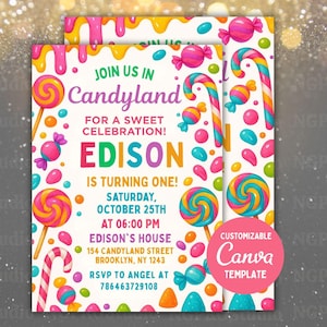 Editable Sweet Celebration Birthday Invitation, Candy Land Invitation, Candy Birthday Party Invitation, Candyland, Printable Canva Template