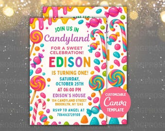 Editable Sweet Celebration Birthday Invitation, Candy Land Invitation, Candy Birthday Party Invitation, Candyland, Printable Canva Template