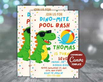 Editable Dinosaur Pool Party 5th Birthday Invitation Dino-Mite Summer Splish Splash Dino T-Rex Evite Boys Dinosaur Pool Party Digital Invite