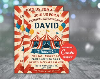 Carnival Birthday Invitation, Circus Birthday Invitation, Carnival Invitation, Carnival circus thank you tag, Editable Template