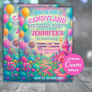 Bearbeitbare Süße Feier Geburtstagseinladung, Süßigkeitsland Einladung, Süßigkeits-Geburtstagsfeier-Einladung, Candyland, druckbare Canva Vorlage