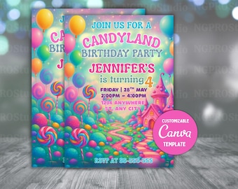 Editable Sweet Celebration Birthday Invitation, Candy Land Invitation, Candy Birthday Party Invitation, Candyland, Printable Canva Template