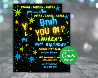 Editable Bruh Birthday Invitation, Neon Graffiti Theme Any Age Digital Template, Printable Gamer Boy Bday Party Evite, Editable with Canva