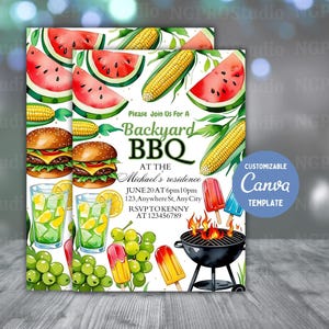 May include: A watercolour invitation for a backyard BBQ, featuring illustrations of watermelon slices, corn on the cob, burgers, lemonade, grapes, and ice lollies. The invitation includes the text "Backyard BBQ" and event details.