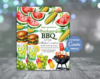 Backyard BBQ Party Invitation, Editable BBQ Party Invite, Barbecue Invitation, BBQ Grill Party Invitations, Canva Template