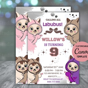 Labubu verjaardagsuitnodiging voor feest, Labubu verjaardagsfeestje, Labubu verjaardagsuitnodiging, uitnodigingssjabloon, afdrukbare uitnodigen, digitale download