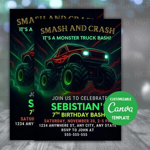 Editable Boy Birthday Party Invitation, Monster Truck Party Digital Evite, Boys Truck Theme Event Flyer, Editable template, Instant Download