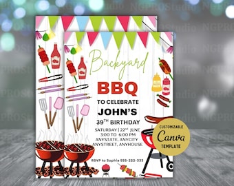 Backyard BBQ Party Invitation, Editable BBQ Party Invite, Barbecue Invitation, BBQ Grill Party Invitations, Canva Template