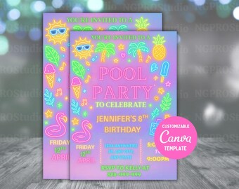 Editable Pool Party Birthday Party invitation, Glow Neon invite, Pool Party Neon Invite, Beach Party, Swimming Party Evite, instant download