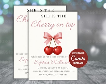 Editable Cherry Baby Shower Invitation , Cherry on top Invite, Modern Baby Girl Shower Invite, Coquette, Pink bow berries Baby Shower Evite