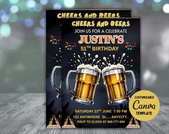 Cheers and Beers Birthday Invitation, EDITABLE Spanish Invitation, Any Age Birthday Invite, Cerveza Template, Canva Instant Download