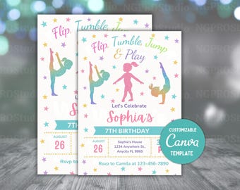 Editable Gymnastics Birthday Invitation, Gymnastics Girls Tumbling Party Template, Pink Gold Trampoline Invite, Digital Printable Download