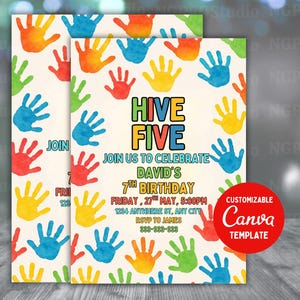 Bewerkbare Hi-Five verjaardagsuitnodiging, High Five 5e verjaardag uitnodigen, kleurrijke verjaardag digitale uitnodiging, meisjes afdrukbare Hi 5 Fun uitnodigen