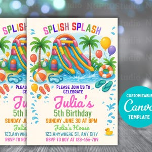 Waterslide Birthday Invitation, Summer Pool Party, Splash Birthday Evite, Water Slide Bash, Boy or Girl Splash Party Invite, Editable Canva