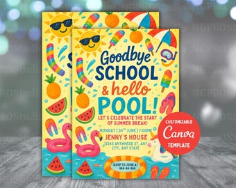 Goodbye School Hello Pool Invitation Template, Editable Pool Party Invite, Editable Summer Break Invite, Instant Download