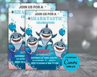 Editable Shark Invitation, Shark Invites, Boy Invitation, Shark Birthday Theme, 5x7 Canva
