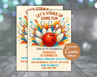 Editable Bowling Birthday Invitation Template, Printable Strike Up Some Fun Birthday Party Invitations, BRUH Birthday Party Digital Invite
