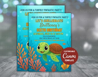 Editable Turtle Fintastic Party Invitation, Turtle Birthday, Turtle Invitation Template, Kids Birthday Invite, Under the Sea Digital Invite
