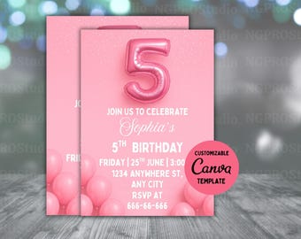 Bearbeitbare Rosa 5.Geburtstags-Einladungsvorlage Glitzer-Geburtstagsfeier-Einladung Regenbogen-Folie Mädchen-fünfter Geburtstag Mädchen-Einladung Sofort Download