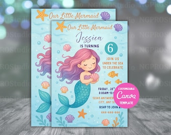 Editable Mermaid Birthday Invitation, Little Mermaid Invite, Under the Sea Birthday Invitation, Princess Mermaid Invite