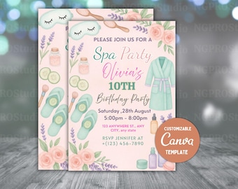 Spa Party Birthday Invitation, Spa Girl Invitation, Tween Spa Party Birthday Party Invite, Pamper Birthday Glam Party, Canva Template