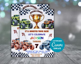 Monster Truck Birthday Invitation, Boom Crash It's A Monster Truck Bash! birthday boy, Boy Monster Truck Invite, canva editable template