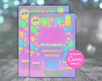 Editable Pool Party Birthday Party invitation, Glow Neon invite, Pool Party Neon Invite, Beach Party, Swimming Party Evite, instant download