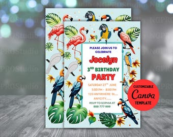 Printable Tropical birds birthday invitation, Toucan Tropical party invite, Summer Luau Tropical party invite, Editable canva template