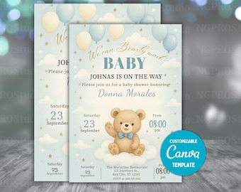 We Can Bearly Wait Baby Shower, Teddy Bear Baby Shower, Bear Balloon Baby Shower Invitation, Bear Baby Shower Invite, Editable in Canva