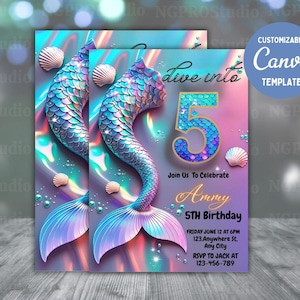 Dive into Five Mermaid Purple Teal 5th Mermaid Birthday Invitation, Little Mermaid Invite, Mermaid Invites, Editable Canva