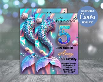 Dive into Five Mermaid Purple Teal 5th Mermaid Birthday Invitation, Little Mermaid Invite, Mermaid Invites, Editable Canva