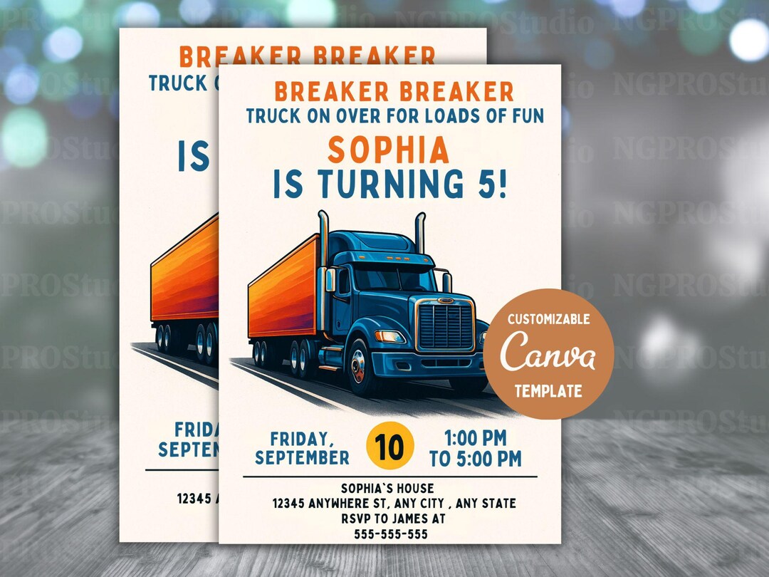 Editable Semi Blue Truck Birthday Party Invitation Template, Big Rig ...