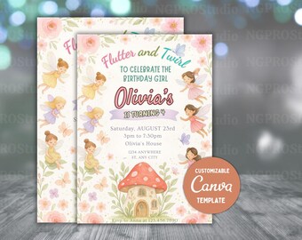 Editable Fairy Birthday Invitation Template Enchanted Whimsical Garden Forest Girl Invite Floral Magical Princess Party, Bundle Template