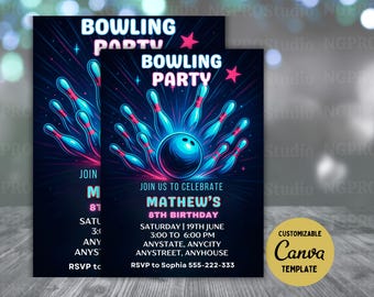 Editable Bowling Birthday Invitation, Glow Bowling Invitation, Neon Bowling Party, Boy Bowling Invite, Glow Invite, Strike Up Some Fun