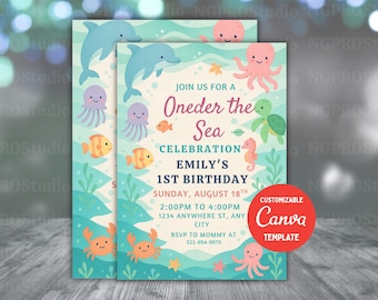 Oneder the Sea Birthday Invitation, Under the Sea Editable Template, 1st Birthday, Ocean Animals Girls Under the Sea Invite, Editable Canva
