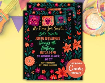 Fiesta Birthday Party Invitation Template, Mexican Birthday Invitation, Bright Colorful Florals, No time to Siesta Let's Fiesta, Girl Invite