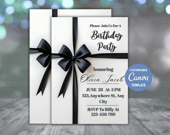 Schwarze Schleife Geburtstagseinladung, Minimalistische Schwarze Schleife Geburtstag einladen, Kokette Schwarze Schleife Einladung, Canva Bearbeitbar