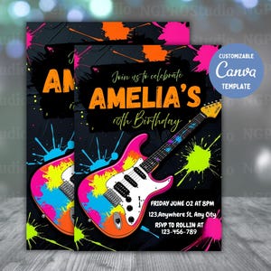 EDITABLE Guitar Party Invitation, Printable Guitar Birthday Invite, Neon Colors, Invite Template, Electric Guitar, Instant Download