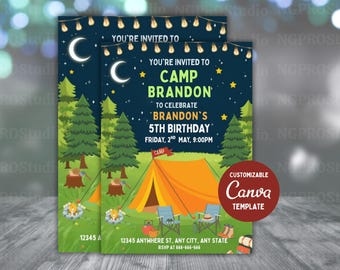 Editable Camping Birthday Invitation, Adventure Forest Camping Party, Camper birthday invite, Camp Out, Under The Stars, Smores Party evite