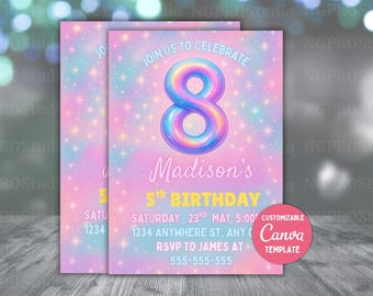 Pink 8th Birthday Invitation, Glitter Birthday Party, Rainbow Foil Girl Invitation Fifth Birthday, Canva Editable 5th Birthday Girl Invite