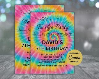 May include: Two tie-dye party invitations with a spiral design in pink, yellow, blue, and green. The invitations read "It's a Tie Dye Party" and include details for David's 7th birthday, including date, time, and location. A "Customizable Canva Template" sticker is in the corner.