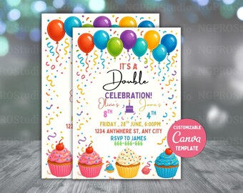 Join Party Birthday Invitation, Sibling Birthday Party, Double Birthday Invitation, Join Birthday Party invite Editable Canva Template